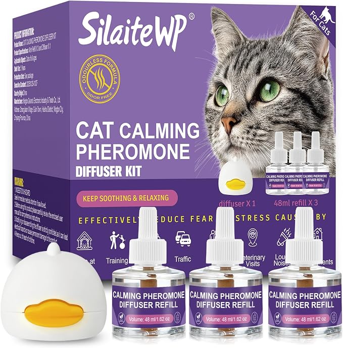 Calming Pheromone Diffuser for Cats Relieves Anxiety and Stress Calming 1 Diffuser for Cats 3 Refills, Reduces Fighting and Scratching Calming Relaxation (1)