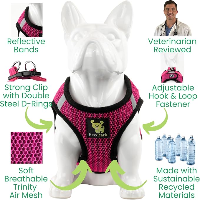 EcoBark Step in Dog Harness - Luxury Soft Mesh Dog Harnesses for Dogs Under 19 lbs - Reflective Body Halter Vest (Fuchsia Pink, Large)
