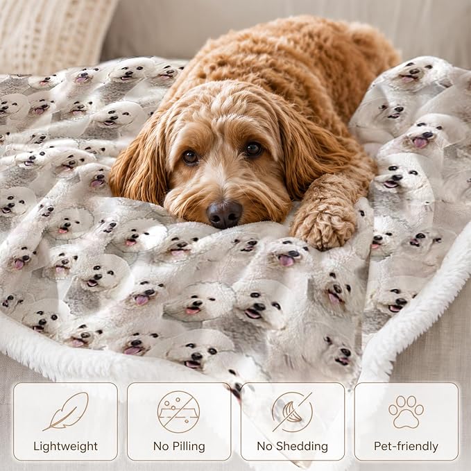 BlessLiving Throw Blanket, White Dog Animal Gift, 50x60 in | sherpa fleece fabric, Bichon Frise Dense Pet Blankets Puppy print, for couch or sofa, pet lovers, easy machine care