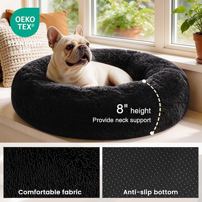 Love's cabin Calming Cat Bed for Indoor Cats, Anti-Anxiety Donut Round Dog Bed,Fluffy Faux Fur Washable Pet Bed for Small Medium Dogs and Cats, Black, 20in