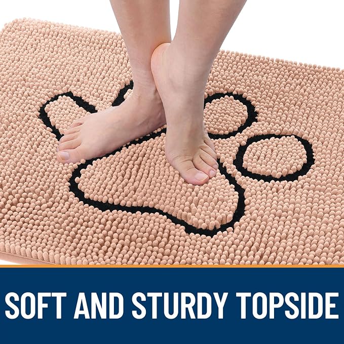 OLANLY Dog Door Mat for Muddy Paws 30x20, Paw Print Design Chenille Mud Mat | Peach, Absorbent, Traps Moisture and Dirt, Non-Slip Washable Doormat, Quick-Drying Indoor Entryway Floor Carpet for Dogs