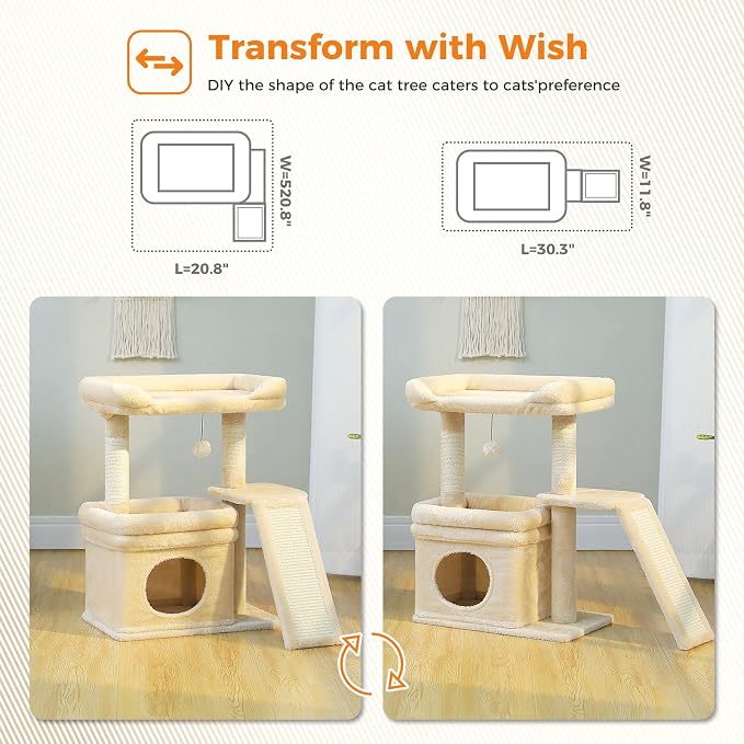 PEQULTI Cat Tree for Small Medium Cats, Beige Cat Tower for Indoor Cats | Beige aesthetic cat furniture with soft perch, private condo, natural sisal scratch post for indoor small medium kittens