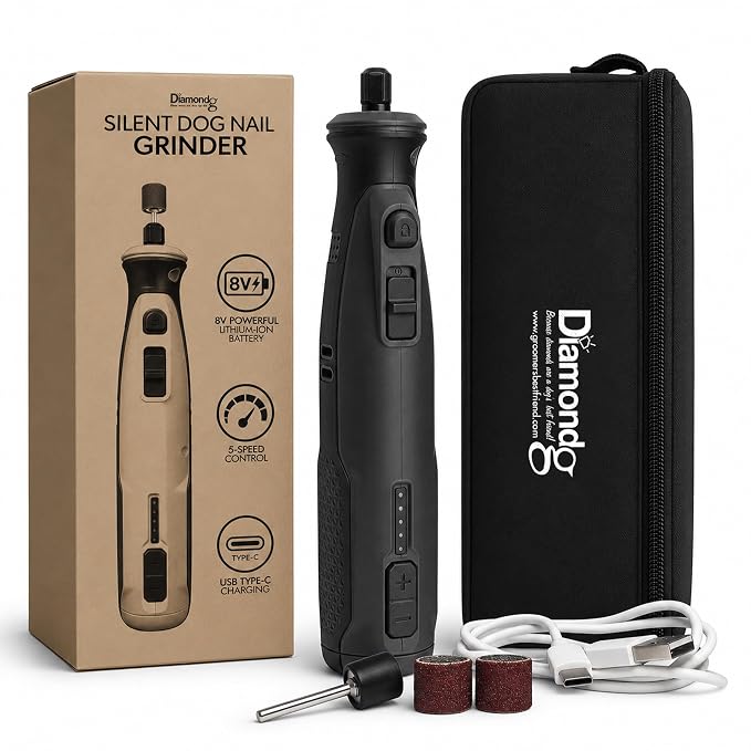 Diamondg Cordless Dog Nail Grinder - Quiet Sound with LED Light, Black | 5-Speed Rechargeable Pet Nail Trimmer for Small & Large Dogs, USB-C Charging, 4hrs. Runtime, Painless Dog Nail Grinding Kit