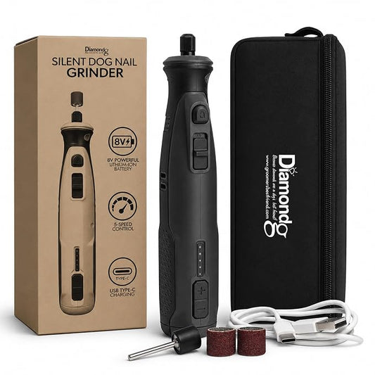 Diamondg Cordless Dog Nail Grinder - Quiet Sound with LED Light, Black | 5-Speed Rechargeable Pet Nail Trimmer for Small & Large Dogs, USB-C Charging, 4hrs. Runtime, Painless Dog Nail Grinding Kit