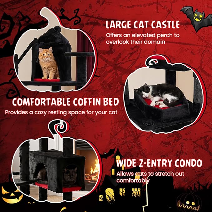 70-inch Gothic Cat Tree, Multi-Level Black Cat Tower | | Robust Scratching Posts | Coffin Bed | Castle-Shaped Comfy Cat Condo | Dual-Entry Condo | Spider-Shaped Hanging Toys |