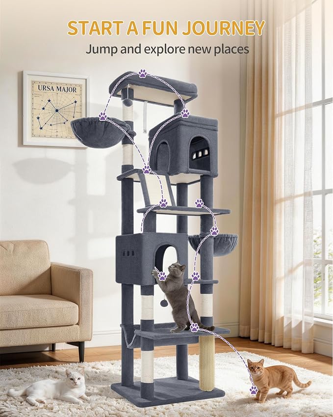 Hzuaneri Tall Cat Tree 75 Inch, Indoor Large Multi-Level Cat Tower | Cat Condo Furniture with 5 Scratching Post, 2 Hanging Basket, 2 Condo, 2 Large Platform, Pet Play House, Dark Grey MS19018SG
