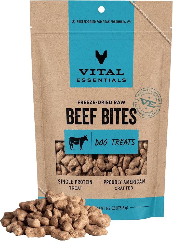 Vital Essentials Freeze Dried Dog Treats, Beef Bites, 6.2 oz Bag | Single Protein, Made With Beef & Liver, Premium Quality Protein, Grain-Free Training Treats
