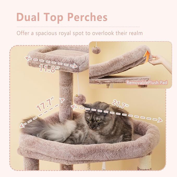 Heybly 64.2" Heavy-Duty Cat Tree for Large Cats with Wide Base HCT027MU | Indoor Cat Tower with Scratching Posts & Board, Cat Furniture with Big Platforms, Extra-Large Hammock, Rosy Brown