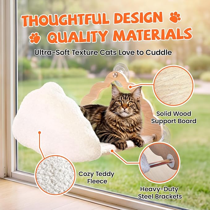 Cat Window Perch Cloud Shape, Large Cat Hammock Bed Washable | Suction Mount, Steel Brackets, Soft Fabrics, Natural Pine Wood, Space Saving, Tool-Free Assembly, Watch birds, Sunbathing