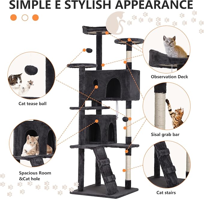 BestPet | 70" Cat Tree Tower | Dark Gray | Sturdy Multi-Level Cat Tree | with Plush Condo, Cozy Perch, Sisal Scratching Posts, Hanging Toy and Hammock | Easy Assembly | for Kittens & Adult Cats