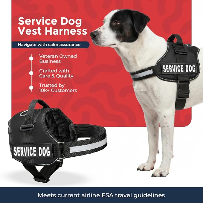 Industrial Puppy Service Dog Vest Harness - Durable & Adjustable Vest for Dog with Reflective Straps, Removable Patches, 50 ADA Cards, Handle & D-Ring, Travel and Daily Use, (Black, Medium 25"-32")