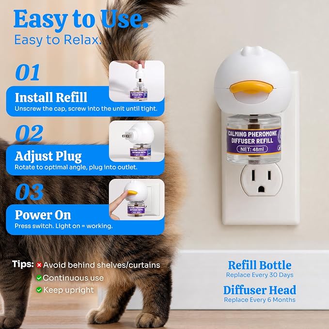 Cat Calming Pheromone Diffuser Kit, Stress Relief, 1 Plug-in 2 Refills | Odorless drug-free formula, 60-day anxiety relief, anti-leak low-temp plug, fits indoor multi-cat scratch fight hiding issues