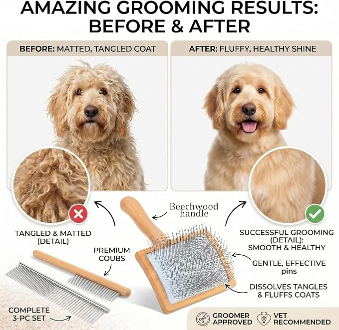 Wooden Long Pin Slicker Brush for Large Dog, Poodles & Doodles Long Hair | Grooming, Fluff & Detangle Heavy Dense Wavy Curly Coats to Easily Prevent Severe Hair Matting During Shedding Seasons