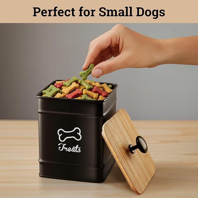 Dog Treat Container with Airtight Bamboo Lid, 5"W x 7"H, 7 Cup Capacity | Fits Most Popular Treats, 7 Cups Capacity, Airtight Bamboo Lid, Easy Open Metal Lid Handle, Dent-Resistant Durable Metal