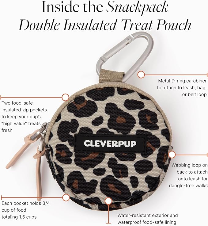 Snackpack Double Insulated Dog Treat Pouch – 1.5 Cup, 2 Pockets – Leopard