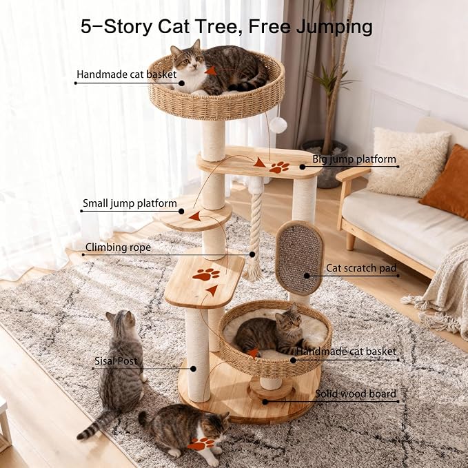 48in Natural Wood Cat Tree for Large Cats, Big Modern Cat Tower | Sturdy Cat Condo, Tall Modern Design, with Scratching Post and Hand-Woven Cat Basket, for Multi Adult Cats, Easy to Clean