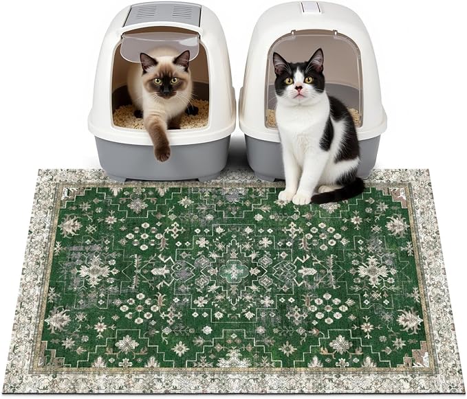 Cat Litter Mat Litter Trapping Mat, 33"x22" Waterproof Urine Proof Litter Box Mat Catcher Mat Non-Slip Washable for Kitty Kitten, Green