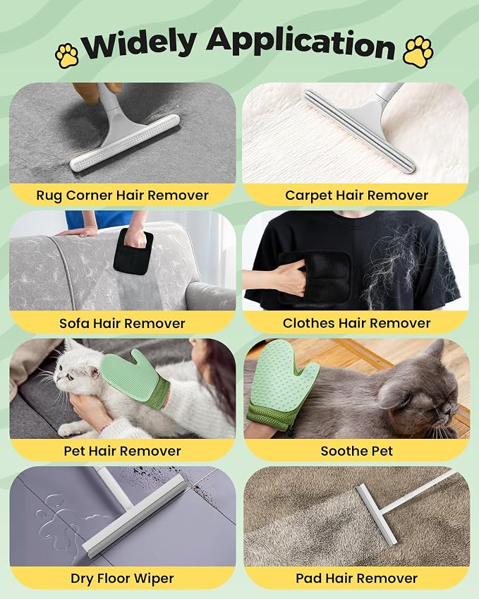 Carpet Rake for Pet Hair Removal Tool - 4 in 1 Pet Hair Remover Kit for Dog Cat Fur Remover, Contain 60" Adjustable Rubber Broom, Glove, Magic Brush and Scraper for Furniture (Gray)