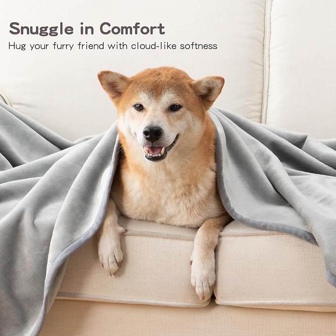 Waterproof Blanket for Couch Sofa Bed | Reversible Soft Flannel Throw Blanket for Medium Large Dogs Pet Leakproof, Protector for Crate, Travel, 50"x60", Light Grey