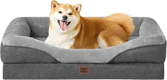 EHEYCIGA Orthopedic Dog Bed for Large Sized Dog, 36x27 Inch Large Memory Foam Dog Couch Bed with Sides, Waterproof Liner & Washable Removable Cover, Bolster Pet Sofa, Grey