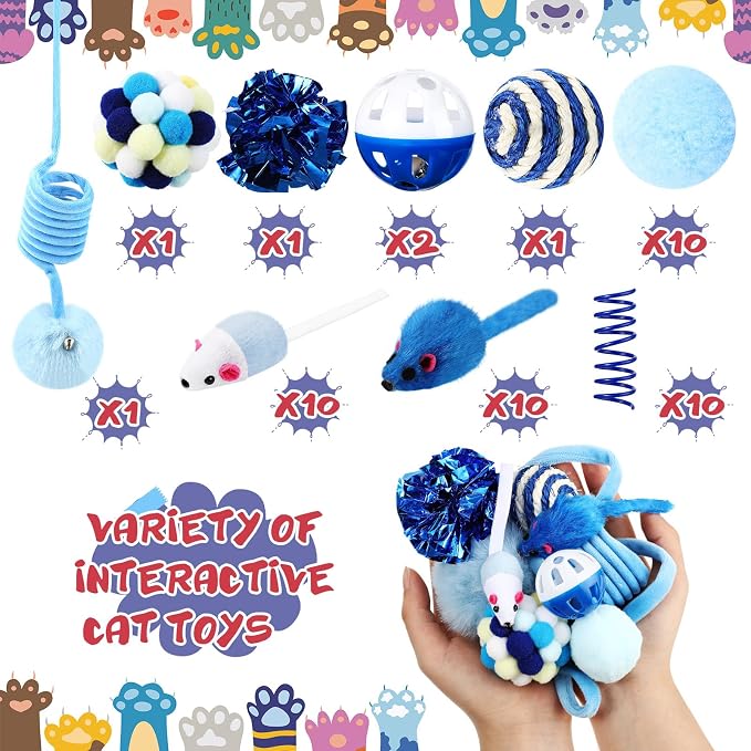 Gemscream 46 Pcs Cat Toys Set Interactive Cute Cat Toys Include Fur Mice Rattle Springs Crinkle Balls Pompom Bell Sisal Ball Puzzle Chase Toys for Kitten Indoor Stuff Gift(Blue)