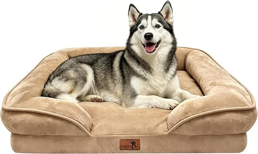 Spotted Play Orthopedic Dog Bed with Sides - Sofa Beds for Large Dogs, Supportive Foam Pet Couch Bed with Washable Removable Cover, Waterproof Lining and Non-Slip Bottom, Brown - L-Plus
