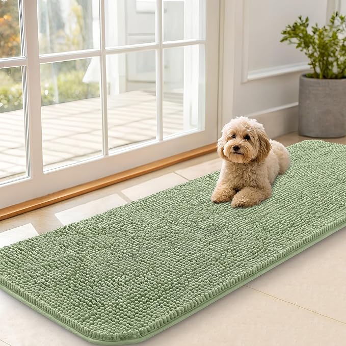 OLANLY Dog Door Mat for Muddy Paws 59x20, Super Absorbent Chenille Mud Mat | Sage Green, Absorbs Moisture and Dirt, Non-Slip Machine Washable Doormat, Quick-Drying Indoor Entryway Floor Carpet for Dogs