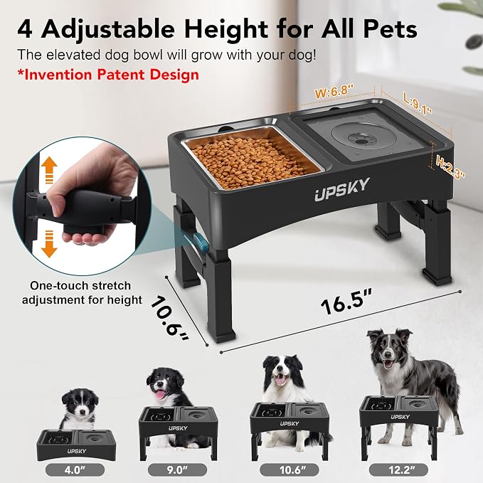 UPSKY 3-in-1 Elevated Dog Bowls Set with 4 Height Adjustable Stand, Balck | 304 Stainless Steel Bowl, No Spill Water Bowl, Slow Food Bowl, Anti-Slip, Dishwasher Safe, Suitable for Small Medium Dogs