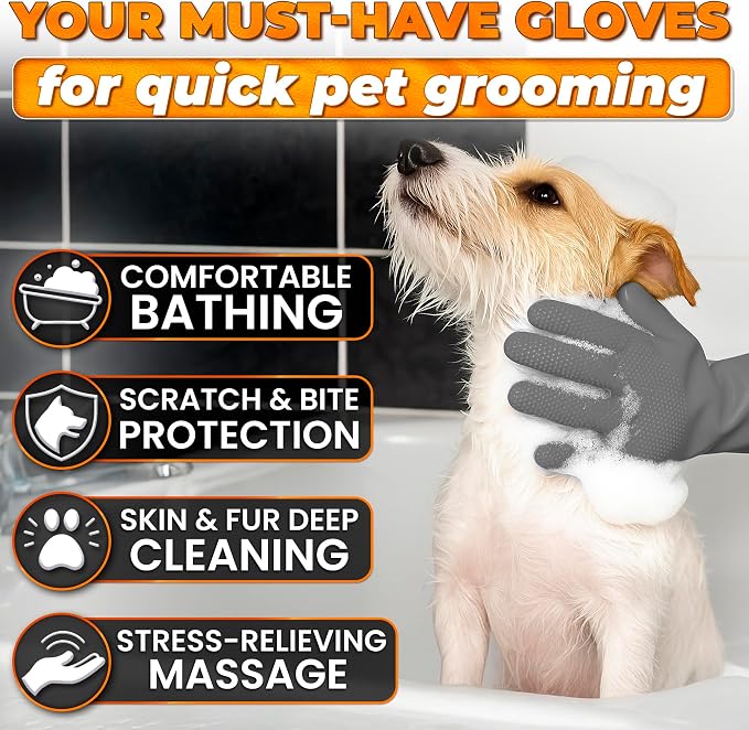 Cat and Dog Washing Gloves, 1 Pair, 11.6 in, Soft Silicone (Grey) | Dog Shampoo Gloves, Pet Bath & Grooming Mitt, 3000 Soft Bristles, Removes Loose Hair, Saves Shampoo, Massage, Wet or Dry