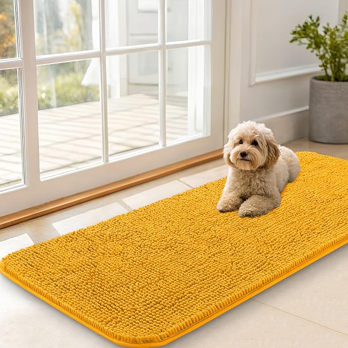 OLANLY Dog Door Mat for Muddy Paws 47x20, Super Absorbent Chenille Mud Mat | Golden Yellow, Absorbs Moisture and Dirt, Non-Slip Machine Washable Doormat, Quick-Dry Indoor Entryway Floor Carpet for Dogs