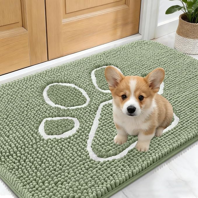 OLANLY Dog Door Mat for Muddy Paws 24x16, Paw Print Design Chenille Mud Mat | Sage Green, Absorbent, Traps Moisture and Dirt, Non-Slip Washable Doormat, Quick-Drying Indoor Entryway Floor Carpet for Dogs