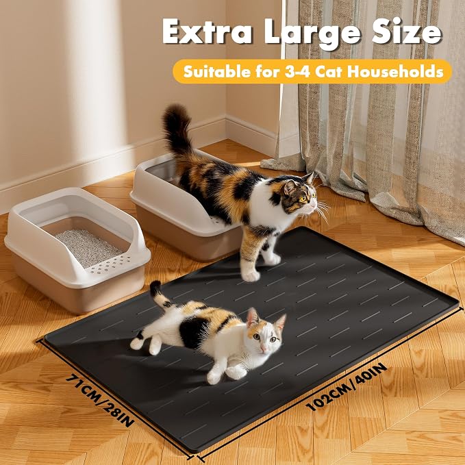 Pieviev Extra Large Silicone Litter Box Mat, Easy to Clean, 40'' x 28'' | Extra-Large Coverage Area Litter Mat, Soft on Kitty Paws, Grooves Reduce Waste, Raised Edges Trap Urine and Spills.