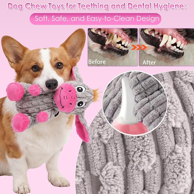 Squeaky Plush Dog Toy, Crinkle Ears Interactive Dog Chew Toy for Small Medium Dogs, Durable Corduroy Stuffed Animal Dog Toys for Puppy Teething, Boredom Relief & Indoor Fetch Play