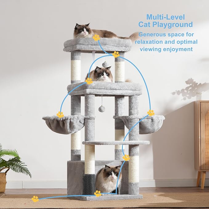 Hey-brother Cat Tree Tower with Extra Large Platform, Big Condo, MPJ070W | 51.1 Inches Scratching Posts with 2 Cozy Hammocks, Self-Grooming Brush for Indoor Adult Cats, Maine Coon, Light Gray