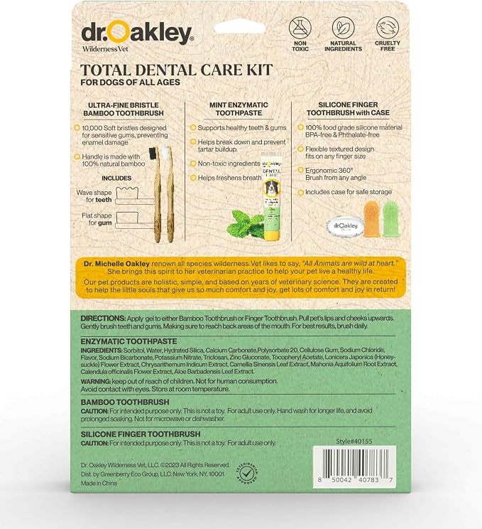 Dr. Oakley Dental Toothbrush Kit for Dogs & Cats - Finger Brush for Small Pets and Soft Brushes for Large or Older Natural and Safe Mint Flavor