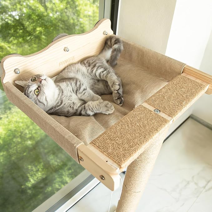 Cat Window Perch Hammock with 3-Piece Detachable Sisal Scratching Posts, Drill-Free Suction Cup Mount, Multi-Level Climbing Perch for Bird Watching, 45 LBS Capacity