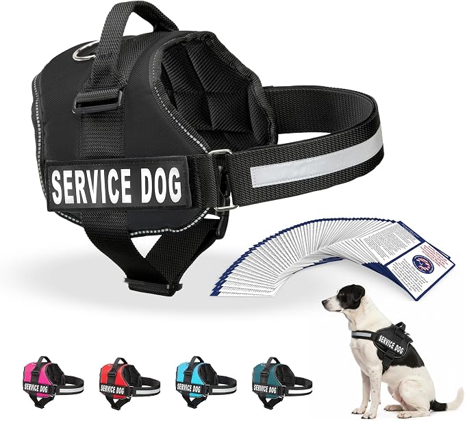 Industrial Puppy Service Dog Vest Harness - Durable & Adjustable Vest for Dog with Reflective Straps, Removable Patches, 50 ADA Cards, Handle & D-Ring, Travel and Daily Use, (Black, Medium 25"-32")