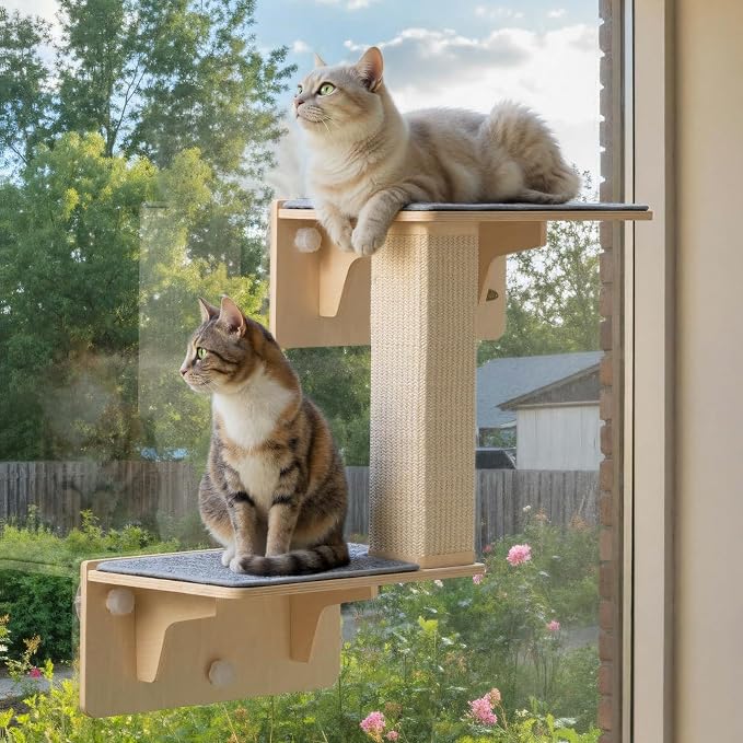 Pecute Double Cat Shelves with Scratching Post for Wall & Window | Solid Wood Frame, Strong Suction Cups, Washable Cover Mat, Cats Perch Bed for Birds Watching Inside, Indoor Cat Hammock Bed
