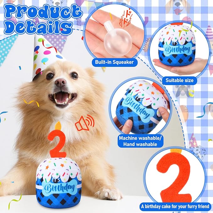 Dansydaisy Dog Birthday Cake Toy Squeaky Plush Toy for Girl Boy Gifts, Chew Accessories for Dog Birthday Party Decor Favor for Large, Medium and Small Dogs(2nd,Blue Grid)
