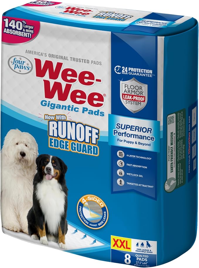 Four Paws Wee-Wee Superior Performance Pee Pads for Dogs with Runoff Barrier Edge Guard Protection, Puppy & Dog Potty Training Pads, Housebreaking Pet Supplies, 27.5" x 44" (8 Count)