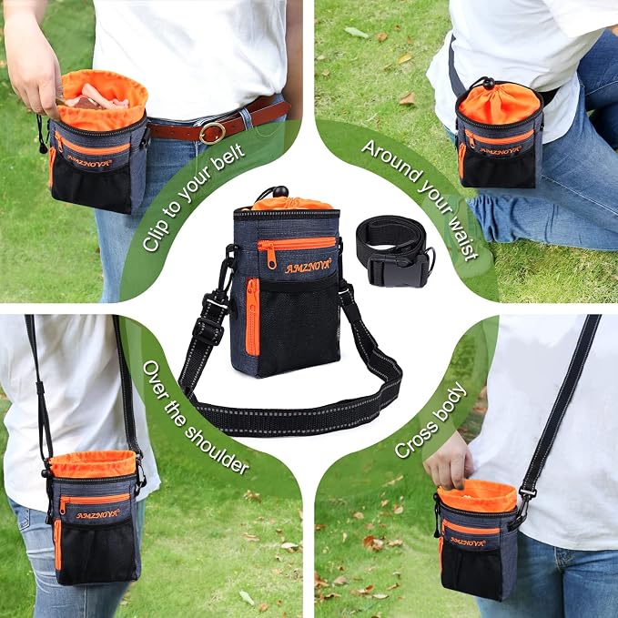 AMZNOVA Dog Treat Pouch Treatnow Dog Treat Bag, 6 Cups, Heather Navy | Training Pouch with Waist Belt & Clicker for Training & Walking, Waist Clip On Snack Fanny Pack for Pet