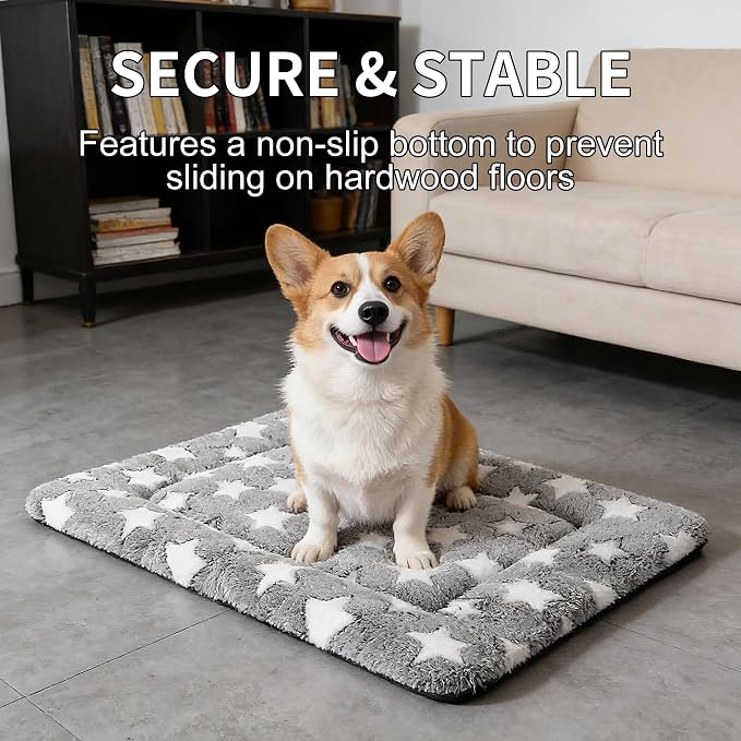 Dog Crate Mat, 4 Piece Reversible Pet Bed, Polyester, Machine Washable, Small Dogs & Cats, Rectangular (Gray Star, 24" L x 18" W x 1.5" Th)