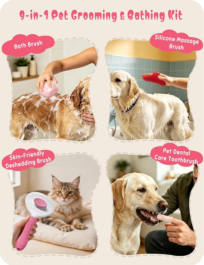 Dog Bathing Supplies Pet Grooming Set Kit, Bath Washing Gloves, Towels, Shampoo Bath Brush, Finger-Sleeve Toothbrush, Pet Washing Kit, Suitable for Dogs and Cats 9-Piece (Pink)