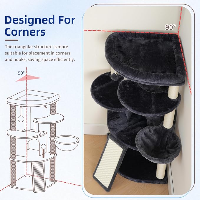 Corner Cat Tree Tower with All Sisal Scratching Posts GCT025G | 44.1" Cat Furniture with Multi-level Cat Condo, Cat Cave, Hanging Basket, Sisal Scratching Ramp for Indoor Cats, Drak Gray