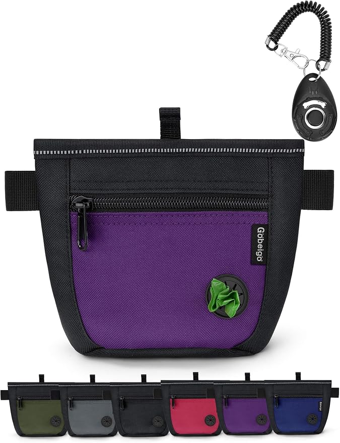 2 Cup Dog Treat Pouch with Training Clicker(Black/Purple) | 2 Pair Magnetic Closures, Zipper Pocket with Poop Bag Holder, Waist Belt & Metal Clip to Wear for Pet Training/Daily Walking