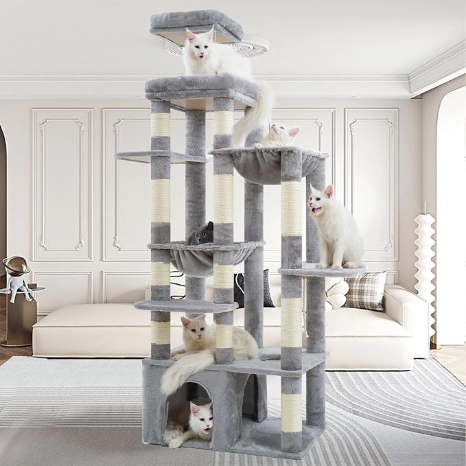 Heybly Cat Tree, 71-Inch Tall Cat Tower for Large Maine Coon Cats HCT037W | Cat Condo Furniture with Extra-Large Baseboard, Multi-Level Platforms, 2 Hammocks and 12 Scratching Posts, Light Gray