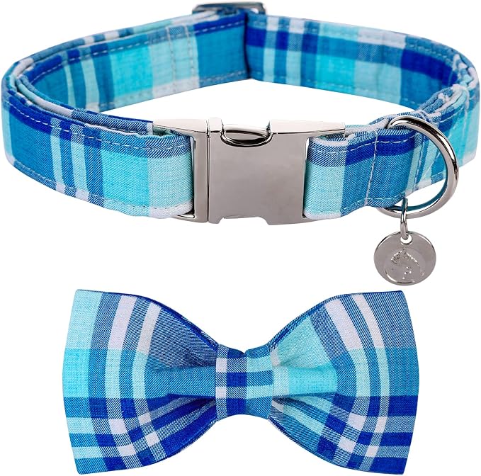 DOGWONG Plaid Dog Collar with Bow tie-Summer Cotton Dog Collar Blue Plaid Pet Collars Comfortable Cute Collars for Small Medium Large Dogs