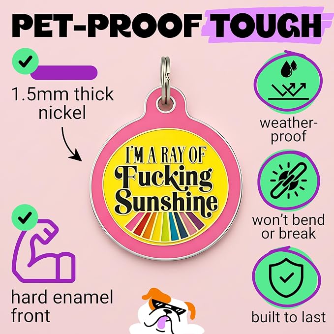 Bad Tags Personalized Dog and Cat ID Tags in 25+ Designs and 2 Sizes - 5 Lines of Custom Engraved Text - Funny Cute Personalized Pet Tags (I'm A Ray of F*cking Sunshine - Pink, Large (1.25 inch))