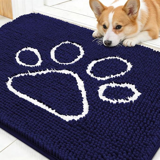 OLANLY Dog Door Mat for Muddy Paws 30x20, Paw Print Design Chenille Mud Mat | Navy Blue, Absorbent, Traps Moisture and Dirt, Non-Slip Washable Doormat, Quick-Drying Indoor Entryway Floor Carpet for Dogs