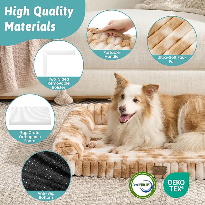 COZY KISS Faux Rabbit Fur Small Dog Bed – 30"x20" Orthopedic Foam Couch with Sides, Removable Washable Cover & Waterproof Lining, Tie-Dye Brown